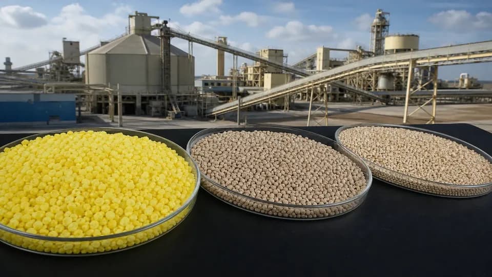 Sulphur, DAP and MAP granules in front of a phosphate fertilizer complex